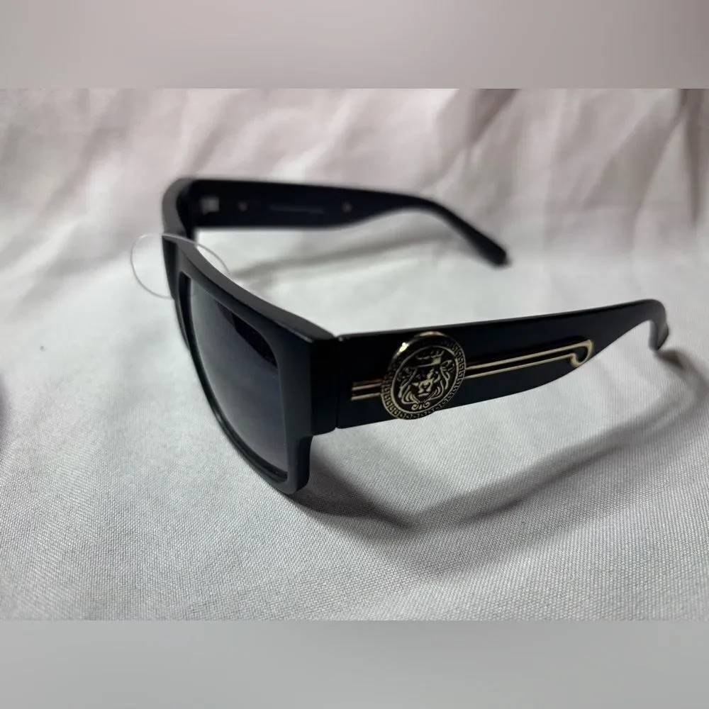 New Classic Hip Hop Rapper Gangster SUN GLASSES Black Frame Gold Medallion Dark